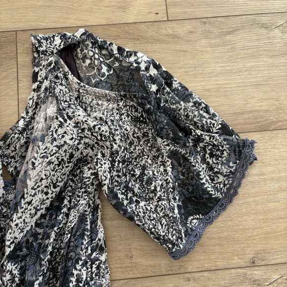 Free People XS Blue Black Patterned Open Back Split Sleeve Boho Dress Pockets - Picture 5 of 7